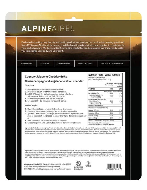 AlpineAire Country Jalapeno Cheddar Grits | Cook-in-Pouch Breakfast Meal