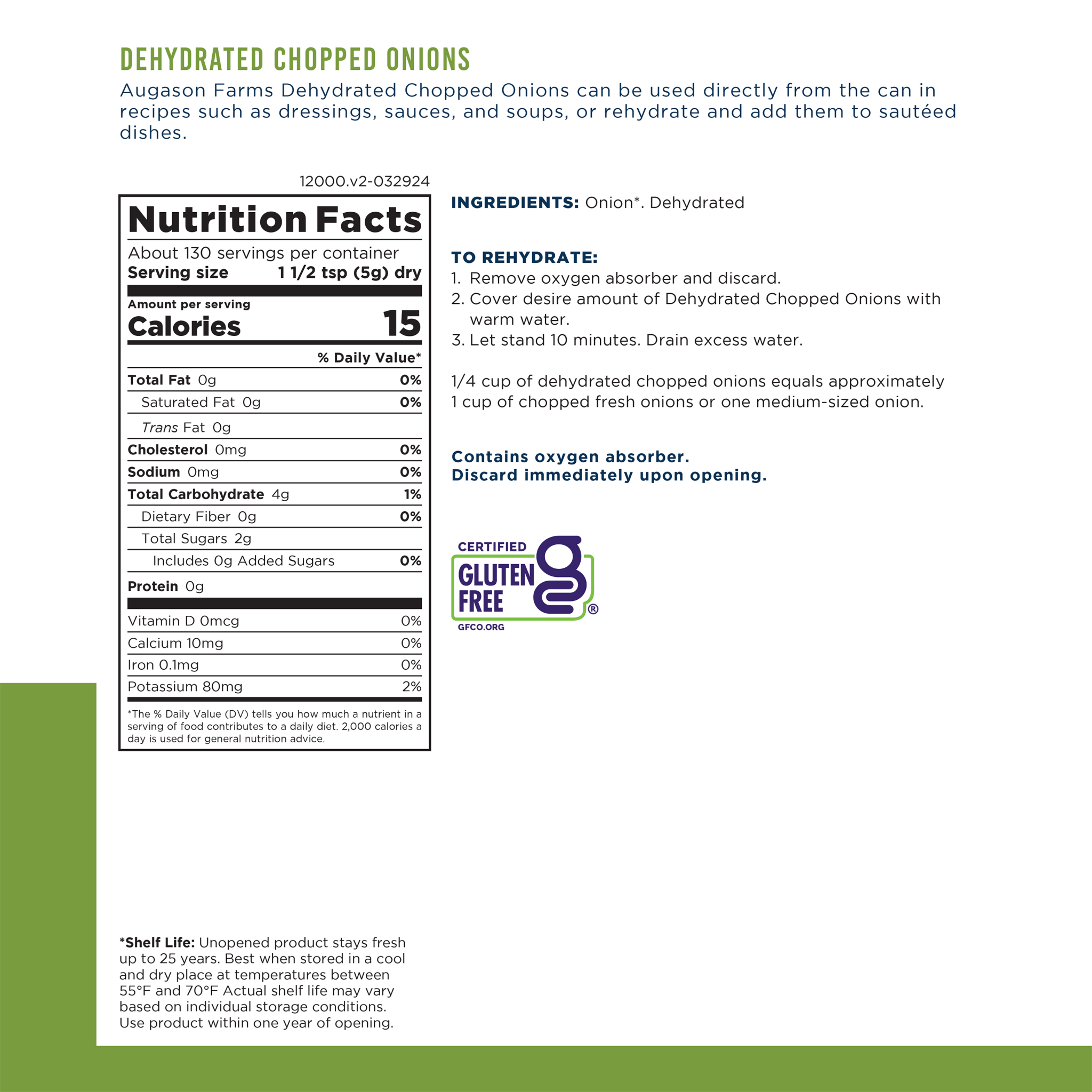 Dehydrated Chopped Onions Can, 130 Servings